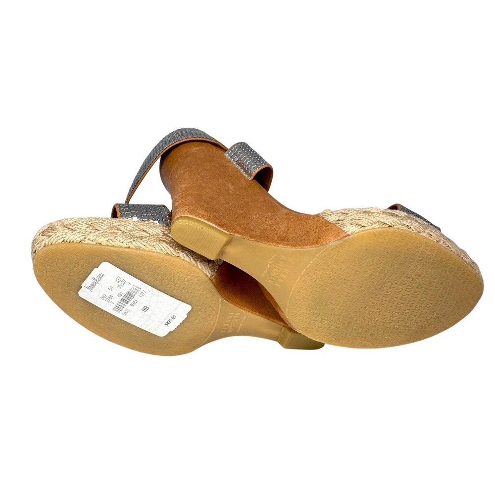 Stuart Weitzman Vintage Tan Leather Silver Chainmail Espadrille Wedge 8M W69188 - Picture 10 of 14